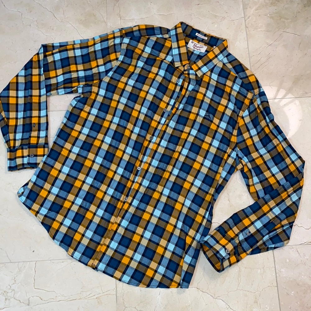 ORIGINAL PENGUIN Teal Baby Blue and Orange Plaid Checkered Long Sleeve Shirt